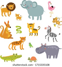 Set of exotic animals vector illustration.