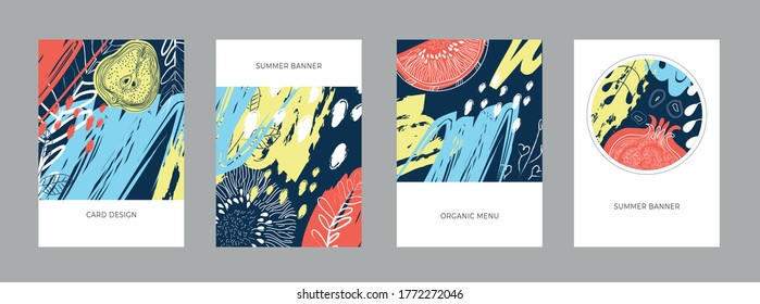 A set of exotic banners with tropical fruits and leaves for menus, cafes, spas, perfumes, beauty salons, flower shops. Vector designin