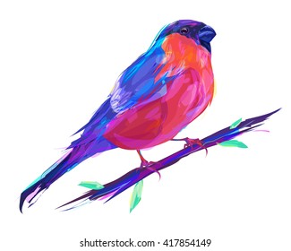 The set of exotic birds isolated on white background. The bullfinch sits on a branch. This is illustration ideal for a mascot and tattoo or T-shirt graphic. Stock illustration