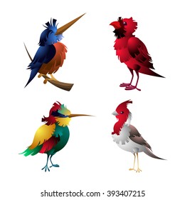 A set of exotic, bright and beautiful birds.