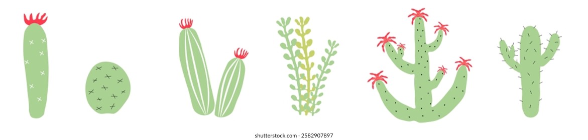 Set of exotic cacti on white isolated background. Plants of desert. Succulent. Green and red colors. Six elements for your layouts, postcards, and stickers. Prickly cute natural creations of nature.