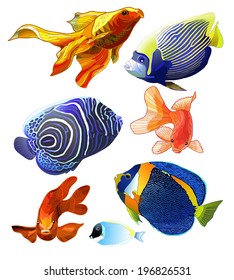 Set of exotic colorful fish. Abstract isolated fish on white background. Vector illustration