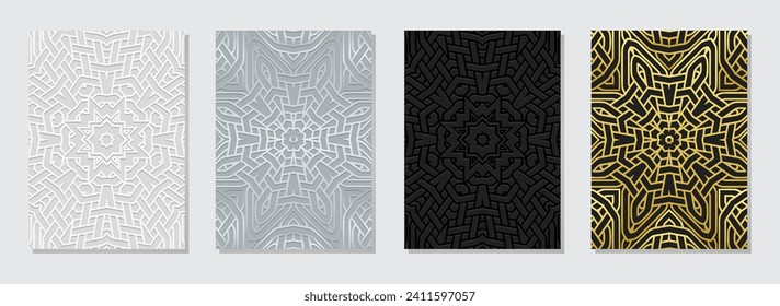 Set of exotic covers, vertical templates. A collection of embossed, geometric backgrounds with ethnic gold 3D patterns. Ornamental handmade creativity of the East, Asia, India, Mexico, Aztec, Peru.
