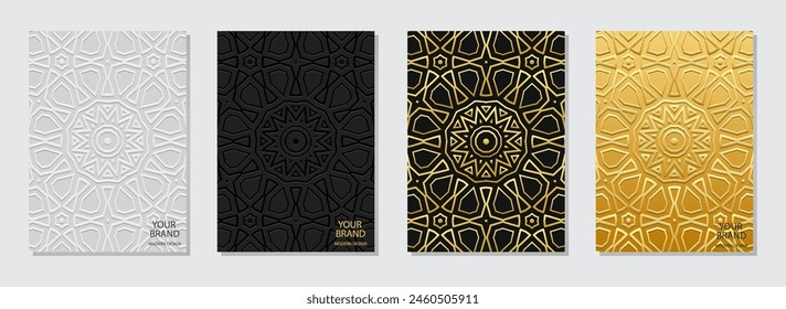 Set of exotic covers, vertical templates. A collection of relief, geometric backgrounds with ethnic 3D patterns. Ornaments, arabesques, handmade. Culture of the East, Asia, India, Mexico, Aztec, Peru.
