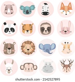 Set of exotic and cute animal faces. Bear, lion, monkey, polar bear, llama, elephant, fox, hippo, rabbit, giraffe, rhino, panda, sloth, zebra, deer, koala, tiger and giraffe. Scandinavian style illust