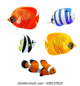 A set of exotic fish isolated on white background. Vector cartoon close-up illustration.