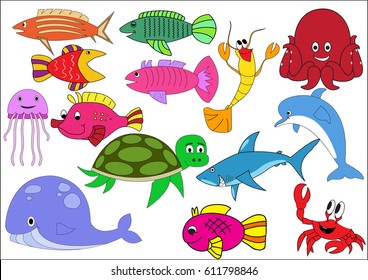 A set of exotic fish on a white background.