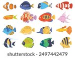 Set of exotic fish. Sea colored animals. Beautiful aquarium fish. Vector illustration