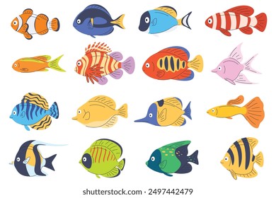 Set of exotic fish. Sea colored animals. Beautiful aquarium fish. Vector illustration