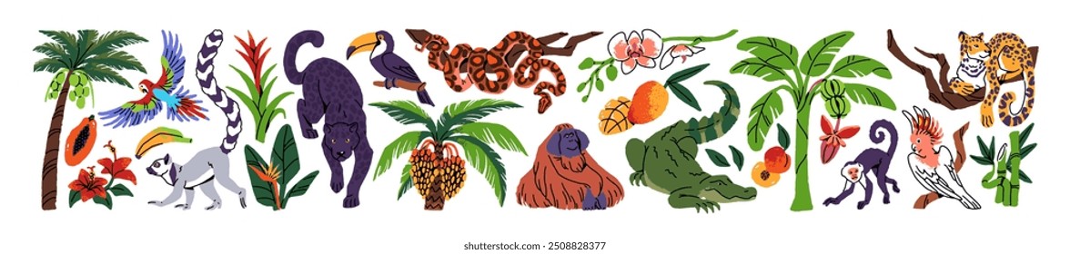 Set of exotic flora and fauna. Different jungle animals and plants: jaguars, monkeys, crocodiles, snakes, palm tree. Tropical, rainforest nature. Flat isolated vector illustrations on white background