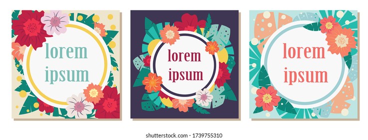 set of exotic floral frames, square tropical background for instagram