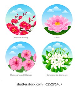 Set of exotic flowers. Meihua (plum), lotus, mugunghwa (hibiscus), sampaguita (jasmine). Vector illustration.