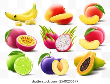 Set of exotic fruits banana, mango, peach, passion fruit, papaya, plum, lime, dragon fruit and passion fruit isolated on white background. Whole and pieces of juicy fruit. Realistic 3d vector design