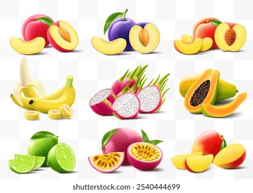 Set von exotischen Früchten Banane, Mango, Pfirsich, Passionsfrucht, Papaya, Pflaume, Kalk, Drachenfrucht und Passionsfrucht einzeln auf weißem Hintergrund. Ganze und Stücke von saftigen Früchten. Realistisches 3D-Vektordesign