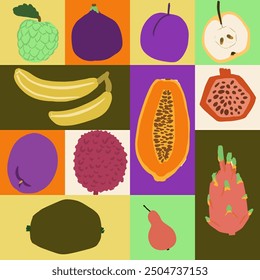 Set of exotic fruits isolated, flat design with bright color