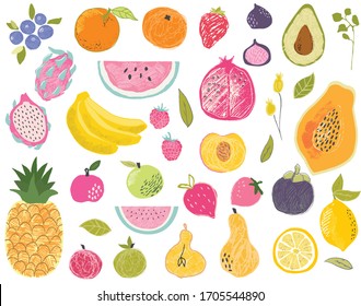 Set of exotic fruits in modern vector hand drawn scandinavian style,summer symbol, fruit salad.Doodle textured cute fruits, pineapple,apple,watermelon,mango,fig,lemon,strawberry,avocado,papaya