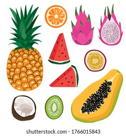Set of exotic fruits - pineapple, dragon fruit, papaya, passion fruit, watermelon, coconut, kiwi, orange. Collection of fresh tropical food. Flat vector illustration isolated on white background
