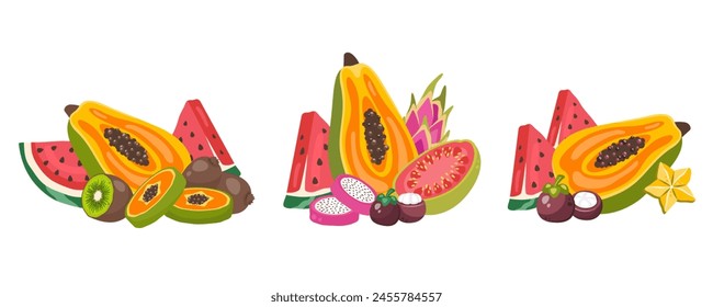 Set of exotic fruits. Tropical fresh summer food. Composition of ripe watermelon, papaya, dragon fruit, kiwi, carambola, mangosteen, guava. Fruit clipart. Healthy nutrition. Vector flat illustration