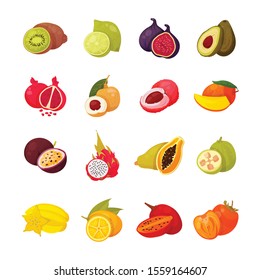 Set of exotic fruits vector illustration isolated on white background. Sliced tropical organic fruit mango, kiwi, fig, lychee, dragon fruit, avocado, star fruit. Raw vegetarian food