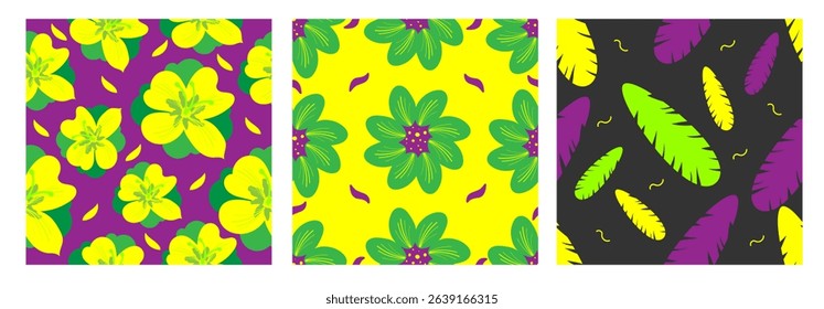 Set exotic of hand drawn tropical flowers, seamless patterns with floral for fabric, textiles, clothing, wrapping paper, cover, banner, interior decor, abstract backgrounds.