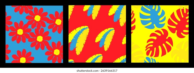 Set exotic of hand drawn tropical flowers, seamless patterns with floral for fabric, textiles, clothing, wrapping paper, cover, banner, interior decor, abstract backgrounds.