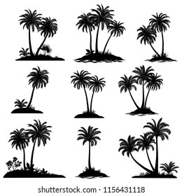 Set Exotic Landscapes, Sea Islands with Palm Trees, Tropical Plants and Grass Black Silhouettes Isolated on White Background. Vector