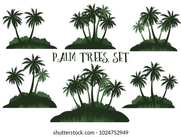 Set Exotic Landscapes, Tropical Palm Trees, Bushes and Grass Green Silhouettes Isolated on White Background. Vector