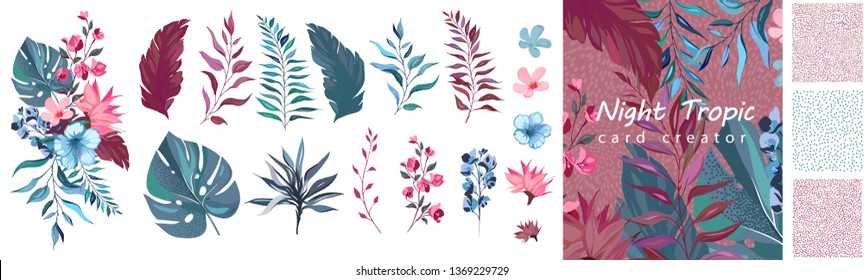 set exotic leaves. Tropical collection with flowers. Floral poster, invite. Vector decorative greeting card creator or Botanic invitation design.