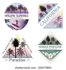 Set of Exotic Nature Landscapes with Palms for T-shirt. Summer Travel and Vacation Backgrounds .  