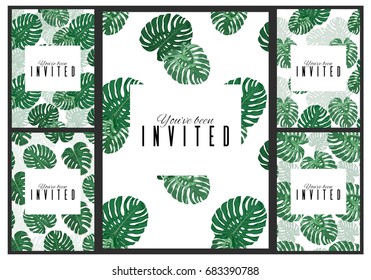 Set of exotic plant leaves cards. Tropical floral vector illustration for banners, posters, invitations