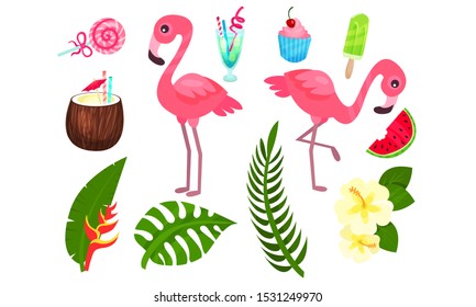 Set of exotic plants and birds. Vector illustration.