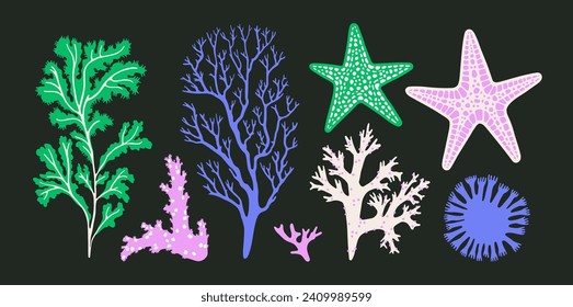 Set with exotic plants, corals, starfish. Underwater, sea life concept. Hand draw vector illustration isolated on black background. Cute design in pastel colors. For prints, typographic and web design