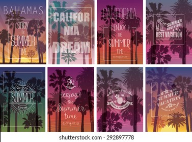 Conjunto de estampa exótica com palmeiras para camiseta. Fundos de viagem de verão. Festa e Férias Banners. Paisagens da Natureza.