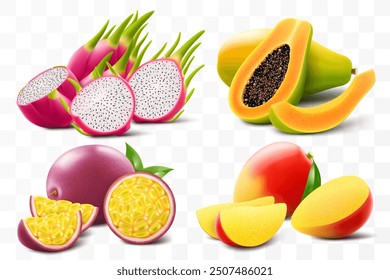 Set von exotischen reifen tropischen Früchten Mango, Papaya, Passionsfrucht und Drachenfrucht oder Pitaya einzeln auf transparentem Hintergrund. Ganze und Scheiben von saftigen Früchten. Realistische 3D-Vektorgrafik