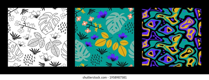 Set of exotic seamless backgrounds with tropical plants and abstract shapes. There is contemporary floral black and white composition. For cover, textile design, wallpaper, wrapping. Vector.