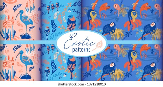 Set of exotic seamless patterns with birds, monkeys, plants, with different lines and textures. Collage, vector illustration.