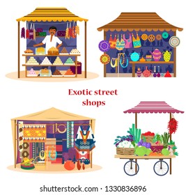 Set Of Exotic Street Shops In Flat Cartoon Style. Asian Market Set. Vegetables Cart, Sweets Shop With Merchant, Fabrics And Carpets Shop,  Mexican Souvenirs. Trade Fair. Flat Design.