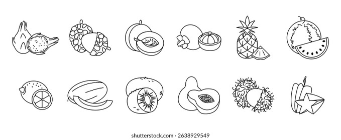 Set of exotic tropical fruits icons.Thin black line. Line art. Vector