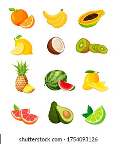 Set of exotic tropical fruits in a trendy flat style. Vegan food vector icons isolated on white background. Fresh whole, half, cut slice and piece of fruit.