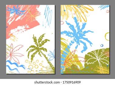 Set of exotic tropical  landscapes with  palms. Vector seascape. Abstract backgrounds. Summer banners, templates, wallpaper, cards, posters. Doodle style. Tourism, travelling. Hand drawn textures