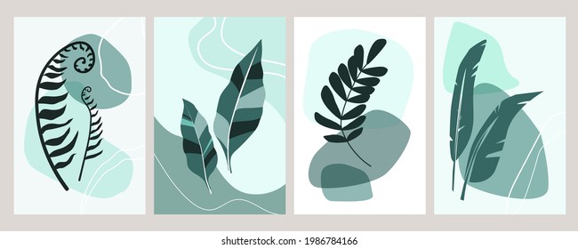 Set of exotic tropical leaves, plants against a background of simple shapes and lines. Modern minimalistic abstract art poster, postcard, print. Vector graphics. Herbal natural ornament.