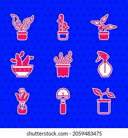 Set Exotic tropical plant in pot, Shovel, Plant, Water spray bottle, Flower glass, Cactus peyote,  and  icon. Vector