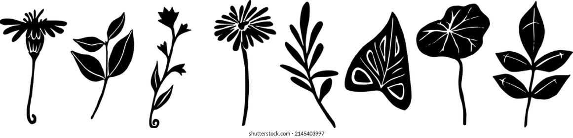 Set of exotic and tropical wild plants black silhouette isolated on white background. Linocut printed leaves and flowers. Vector. Atlantic forest plants. Great for cards, pattern, decoration.