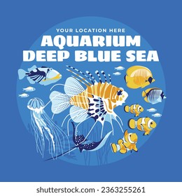 set of exotic underwater animals. Sea turtle, coral fish, jellyfish. advertising of underwater swimming, diving, recreation at sea and city aquariums. Vector flat illustration. Text poster