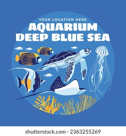 set of exotic underwater animals. Sea turtle, coral fish, jellyfish. advertising of underwater swimming, diving, recreation at sea and city aquariums. Vector flat illustration. Text poster