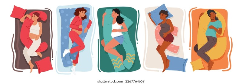 Conjunto de Personajes Madre Esperantes Dormiendo Sólidamente Con Cushion Especializado De Embarazo Para Asegurar Un Descanso Cómodo. Niñas Serenas Y Tranquilas Con Almohadas De Sueño. Ilustración de vectores de personas de caricatura