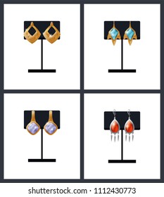 Set of expensive earrings on black stands vector female stylish accessories with sapphire and ruby stones, gold decoration for ears isolated on white