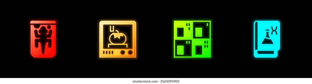 Set Experimental animal, 3D printing technology, Periodic table and Genetic engineering book icon. Vector