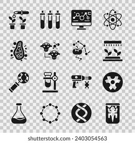 Set Experimental animal, Biohazard symbol, Automatic irrigation sprinklers, Genetic engineering modification, Cloning, Bacteria, Pipette and plant and Genetically modified food icon. Vector