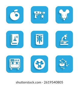 Set Experimental animal, Biohazard symbol, Genetically modified food, Microscope, Biosafety box, engineering book, mouse and apple icon. Vector